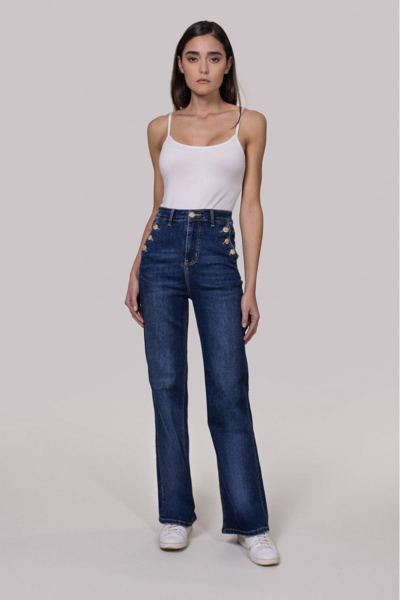 PETRA-JEANS FLARE HIGH WAIST CON BOTTONI GIOIELLO - WW19302