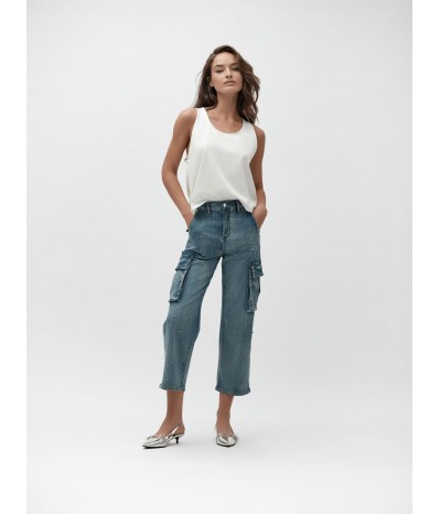ANDREA - DENIM CARGO 7oz CON PERLINE ARGENTO - WW30202