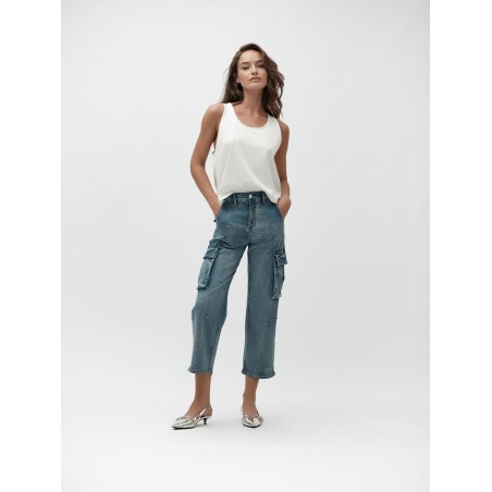 ANDREA - DENIM CARGO 7oz CON PERLINE ARGENTO - WW30202