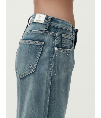 MARTA - JEANS PALAZZO 7oz CON SPACCO E STRASS - WW30210