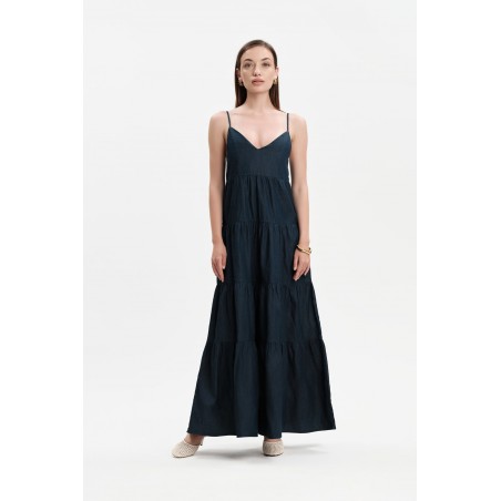 ABITO LUNGO IN CHAMBRAY CON BALZE E BRETELLINE - WW31257