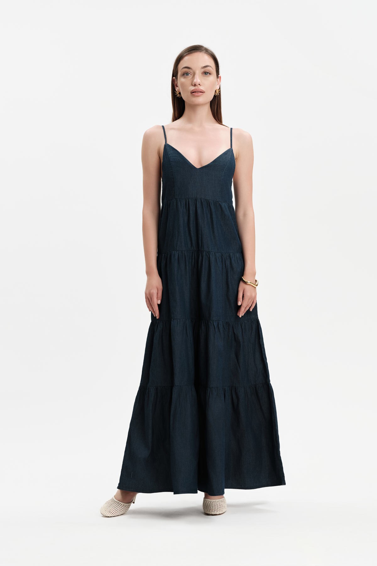 ABITO LUNGO IN CHAMBRAY CON BALZE E BRETELLINE - WW31257