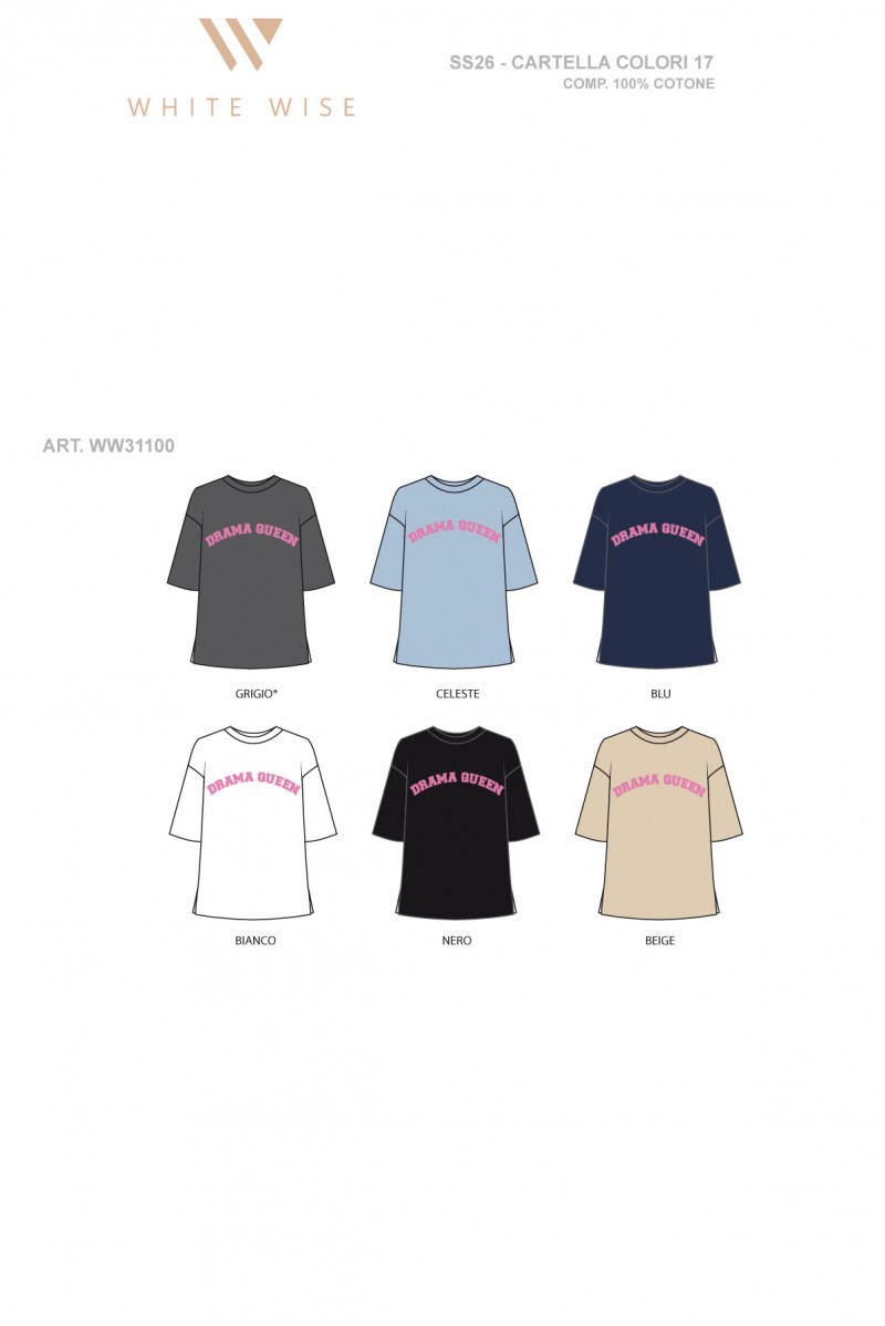 WHITE WISE T-SHIRT OVER SCRITTA DRAMA QUEEN STRASS - WW31100 