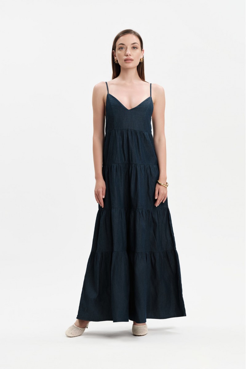 ABITO LUNGO IN CHAMBRAY CON BALZE E BRETELLINE - WW31257