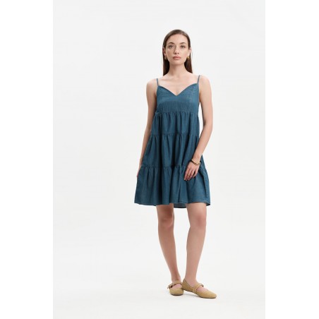 ABITO CORTO IN CHAMBRAY CON BALZE E BRETELLINE - WW31258