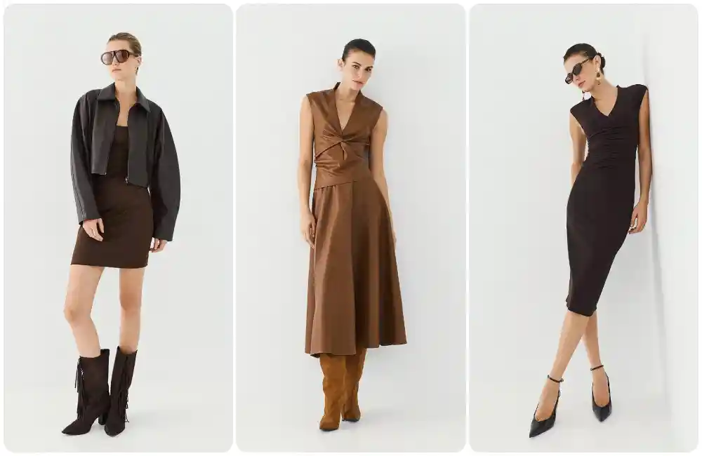Tre look moda donna nei toni del nero e del marrone con abito midi, minidress e outfit contemporanei