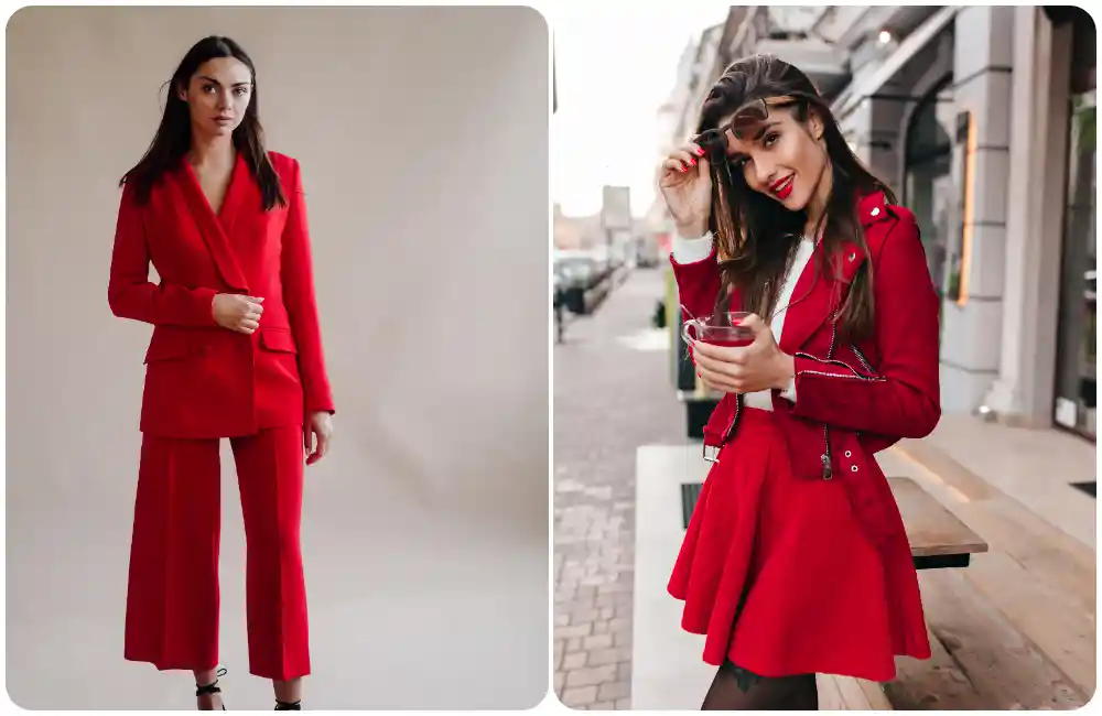 Due look moda donna in rosso con tailleur pantalone e outfit con giacca biker e gonna, per uno stile deciso e contemporaneo