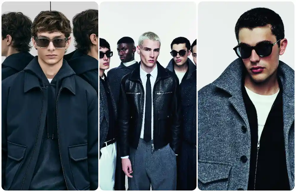 Tre look moda uomo con giacche e capispalla scuri, occhiali da sole e styling contemporaneo dal carattere urbano ed elegante.