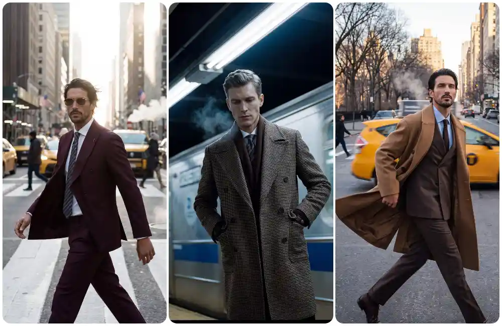 **Alt consigliato:** `Tre look moda uomo eleganti con completi sartoriali, cappotto lungo e stile urbano contemporaneo.`
