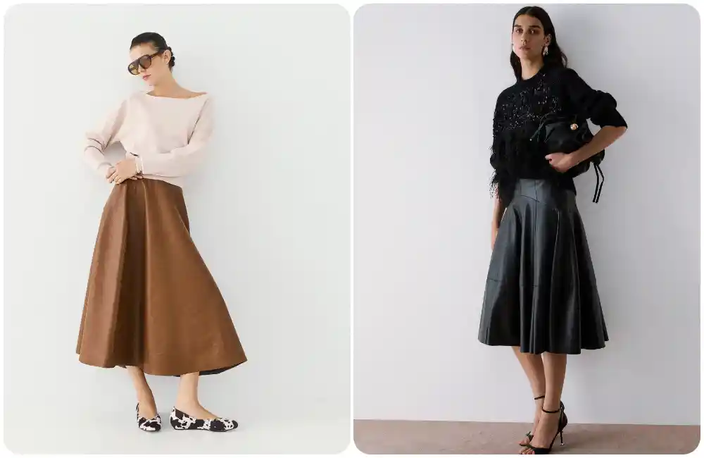 Due look moda donna con gonne midi, maglieria elegante e tonalità marrone e nero per uno stile sofisticato e contemporaneo.