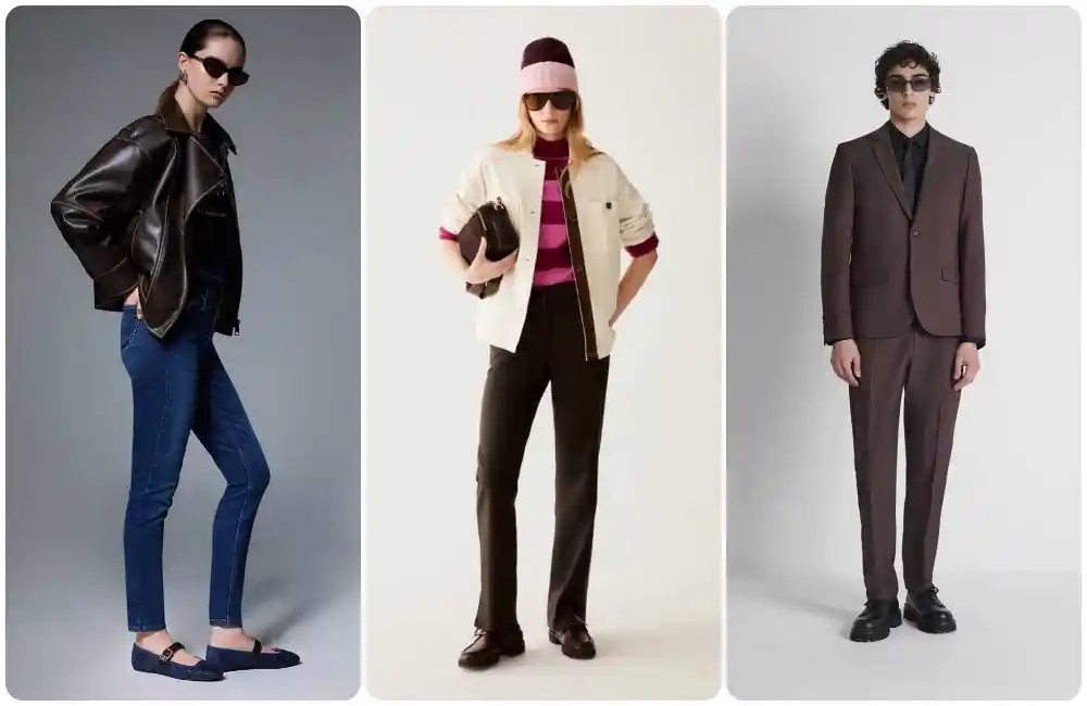 Tre look moda contemporanei con jeans slim, pantaloni dritti e completo sartoriale nei toni scuri.