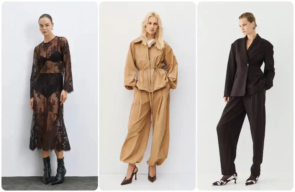Tre look moda donna con abito in pizzo, completo beige e tailleur nero dal taglio contemporaneo.