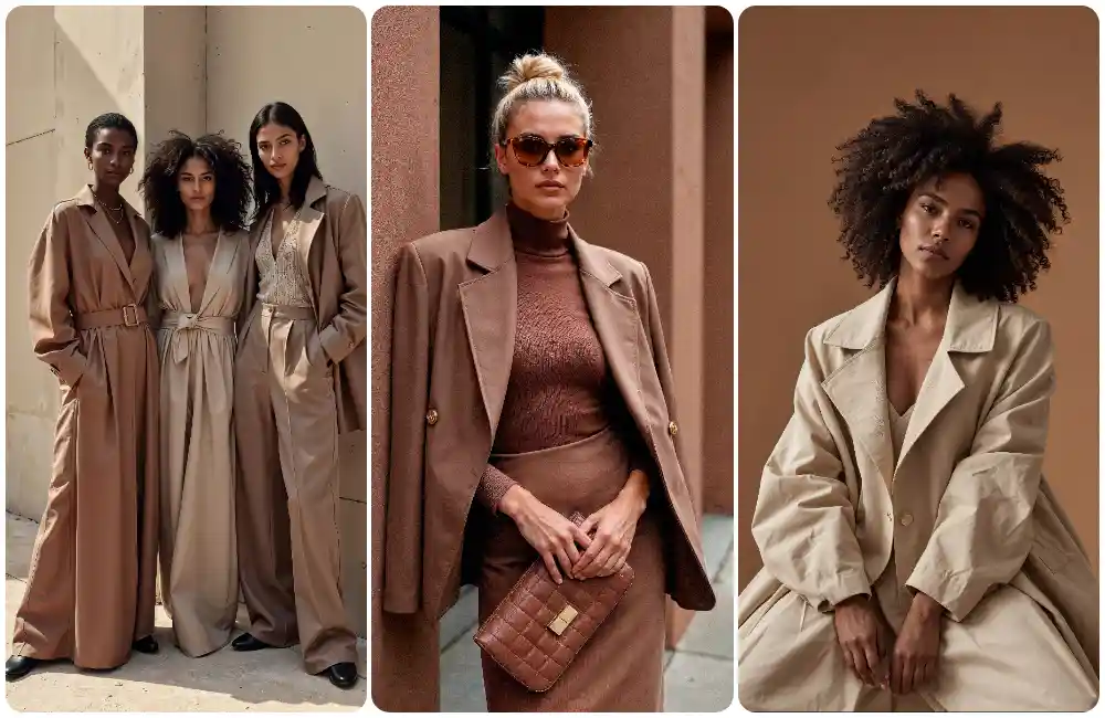 Look moda donna nei toni beige, cammello e marrone con blazer, completi fluidi e stile elegante contemporaneo.