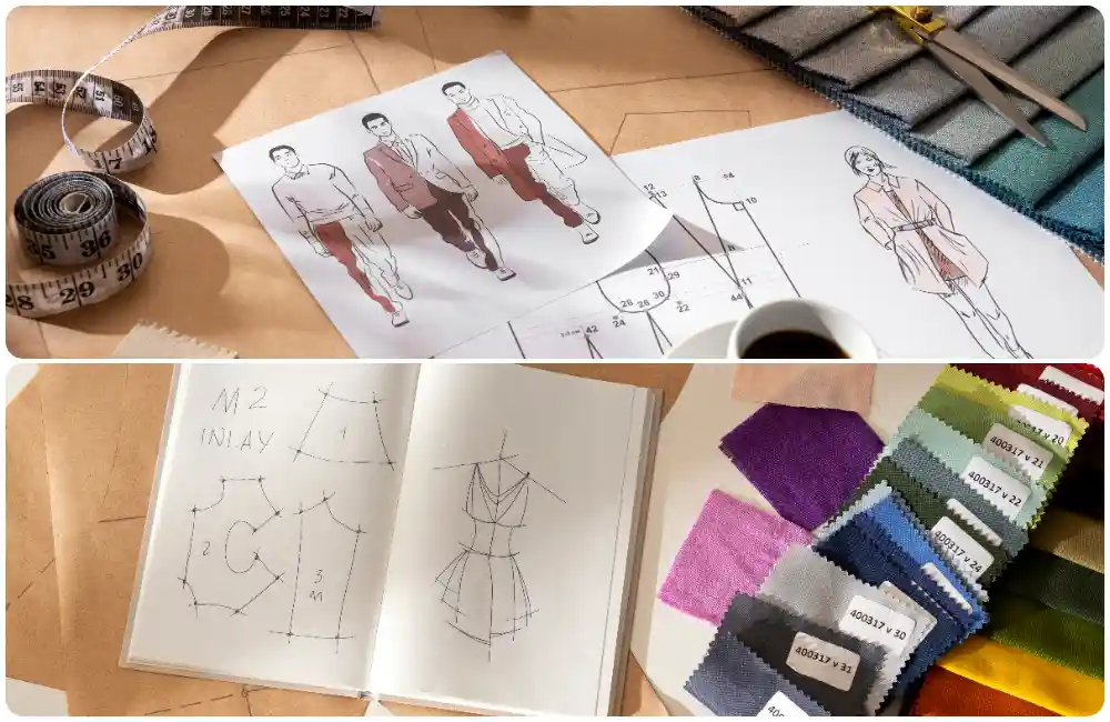 Bozzetti di moda, cartamodelli, metro da sarta e campioni di tessuto colorati su un tavolo da lavoro, simboli del processo creativo e sartoriale.